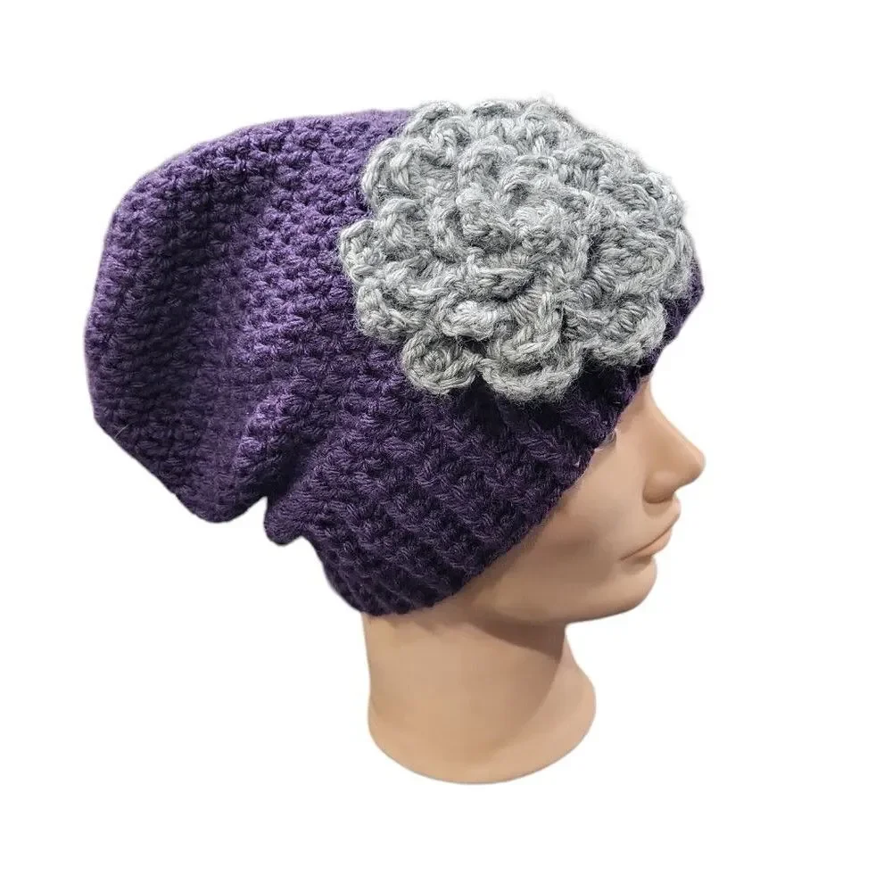 NWOT Handmade Women's Purple Knit Beanie Hat & Wrist Warmers Set, Gray Flower